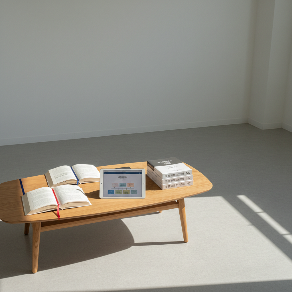 A minimalist training studio with smooth light-gray flooring and a long, matte-white wall, completely empty of people yet carefully arranged with learning materials for India–Japan careers. On a low oak table lie open textbooks on Japanese business etiquette, N5 to N2 language guides, and a tablet displaying a structured learning path interface. Delicate red and indigo bookmarks echo the colors of the Indian and Japanese flags. Morning light filters in from an unseen window, casting soft, directional illumination and gentle shadows that emphasize texture on the paper and wood. The mood is focused, aspirational, and calm. Composed using the rule of thirds, with the table placed slightly off-center, the photographic realism and clean, modern style highlight disciplined preparation and structured growth.