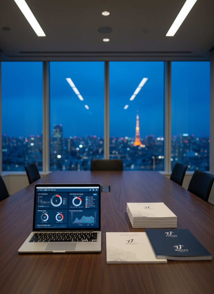 A sleek, glass-walled conference room in a high-rise building in Tokyo, viewed without any humans present. On the polished dark-wood table rests an open silver laptop showing a bilingual India–Japan talent dashboard, with precise charts and kanji and English labels. Beside it, neatly stacked resumes and training manuals display subtle Japanese motifs and the IJ Kaizen logo. City lights and a faint outline of Tokyo Tower are visible through the large windows. Soft, cool-white overhead lighting combines with the blue evening city glow, creating a sophisticated, calm atmosphere. Shot at eye level with a shallow depth of field, the laptop and documents are in crisp focus while the cityscape softly blurs, emphasizing a photographic realism and modern, refined aesthetic suitable for a premium workforce solutions brand.