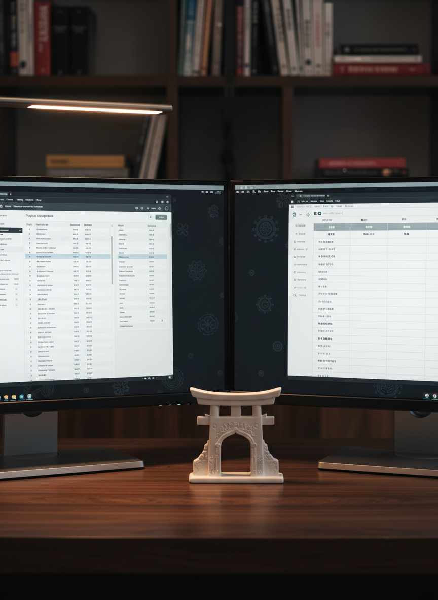 An elegant workspace featuring two adjacent computer monitors on a dark walnut desk, symbolizing India–Japan collaboration without depicting any people. One screen shows a detailed project plan with English text and subtle Indian motifs; the other displays a Kanban board with Japanese labels and minimalist icons. Between them stands a small ceramic sculpture blending a stylized torii gate and an Indian temple arch, in matte white with fine engraved patterns. A slim, brushed-metal desk lamp casts warm, focused light, creating refined highlights along the monitor edges and sculpture contours. The background softly reveals a blurred bookshelf with business and language titles. Shot from a slightly elevated angle with moderate depth of field, the composition feels balanced, contemporary, and sophisticated, embodying cross-cultural professionalism in photographic realism.